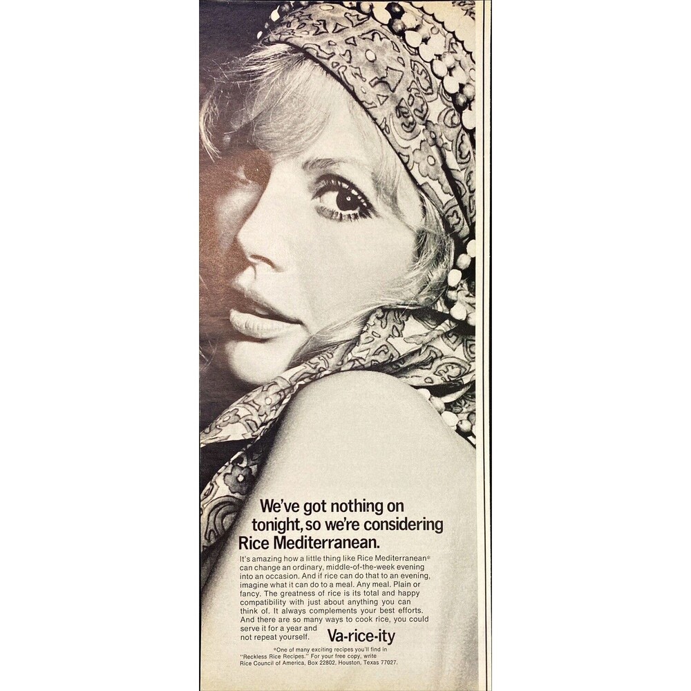 Rice Council of America "Got Nothing On Tonight? Consider Rice"Vtg Print Ad 1970